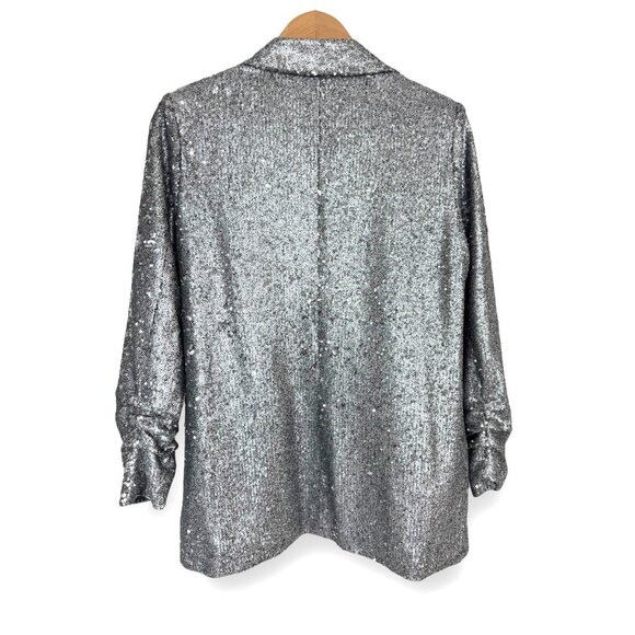 David Lerner Hailey Oversized Blazer Jacket Ruched‎ Sleeves Silver Sequin Size S - Picture 5 of 10